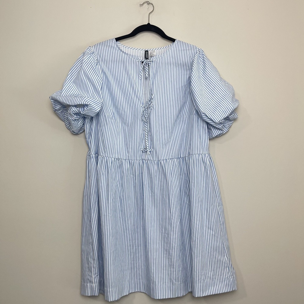 Divided H&M Stripe Babydoll Mini Dress Puff Sleeve Bow Front Cottagecore Costal